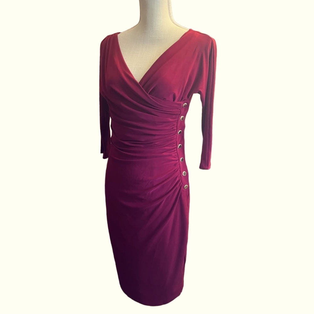 Ralph Lauren Ruched Wrapped neckline Sheath Dress in Maroon/ Burgundy